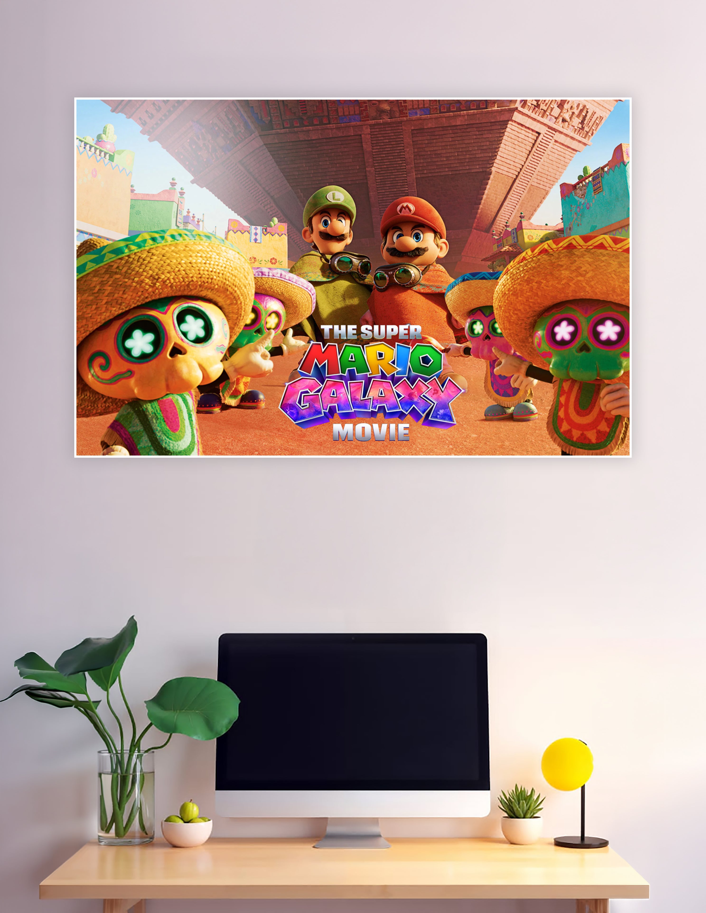 The Super Mario Galaxy Movie poster featuring Mario and Luigi in orange ponchos with colorful Day of the Dead skull characters wearing sombreros in a festive animated cityscape