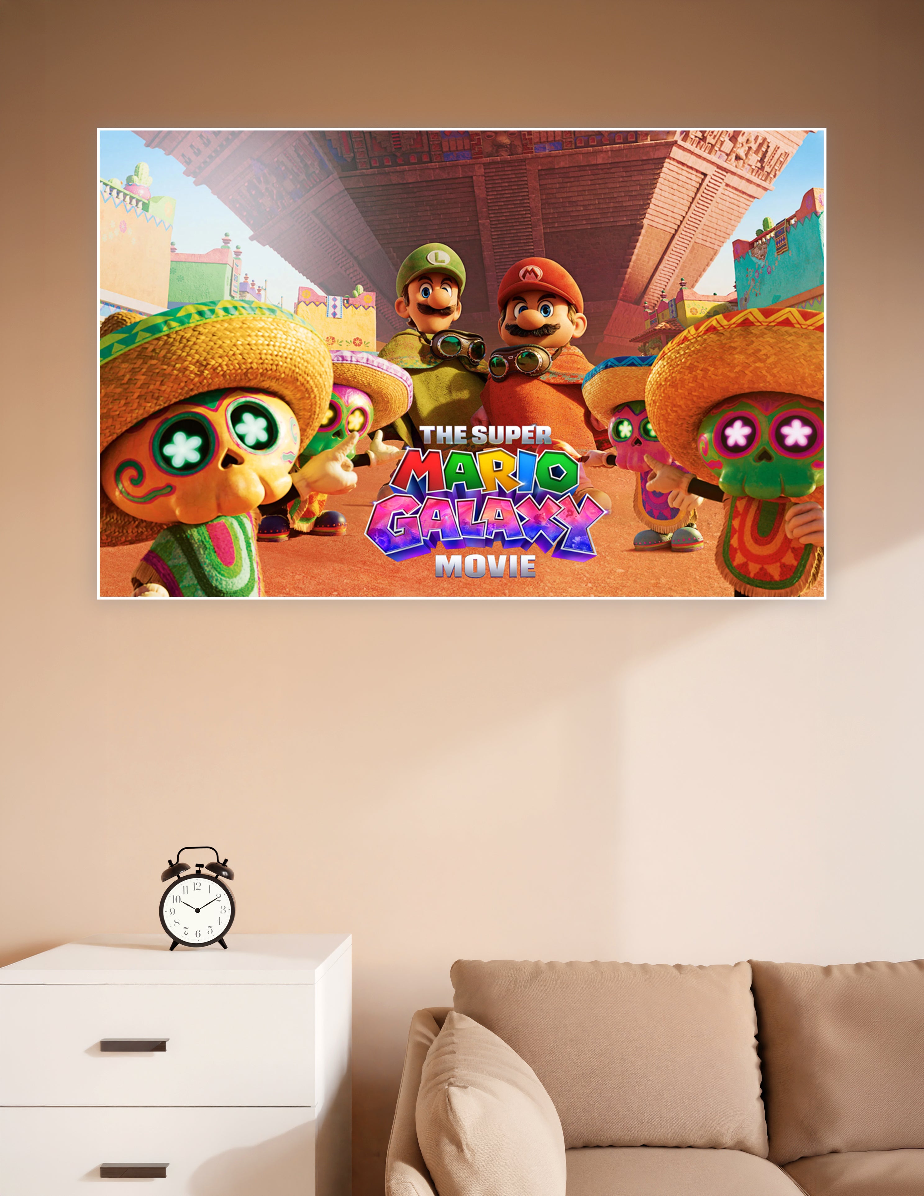 The Super Mario Galaxy Movie poster featuring Mario and Luigi in orange ponchos with colorful Day of the Dead skull characters wearing sombreros in a festive animated cityscape