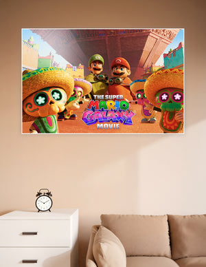 The Super Mario Galaxy Movie poster featuring Mario and Luigi in orange ponchos with colorful Day of the Dead skull characters wearing sombreros in a festive animated cityscape