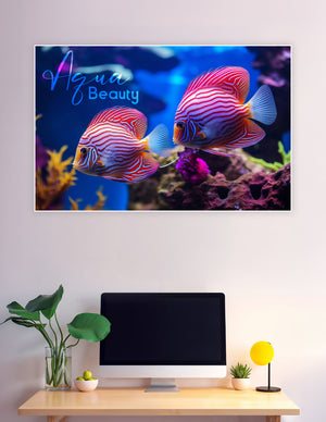 Two vibrant red-striped discus fish swimming near colorful coral