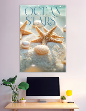 Ocean Stars poster with starfish, seashells, and pearls on sand