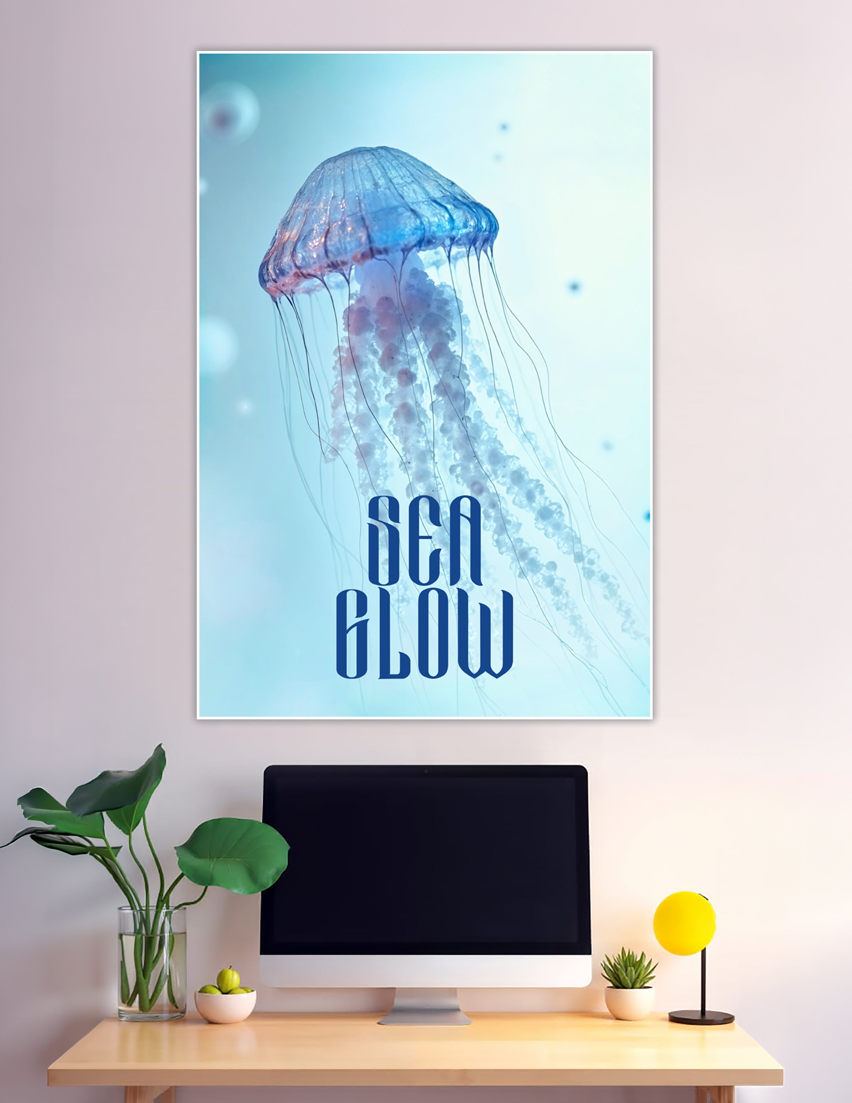 Glowing blue jellyfish floating in aqua underwater background