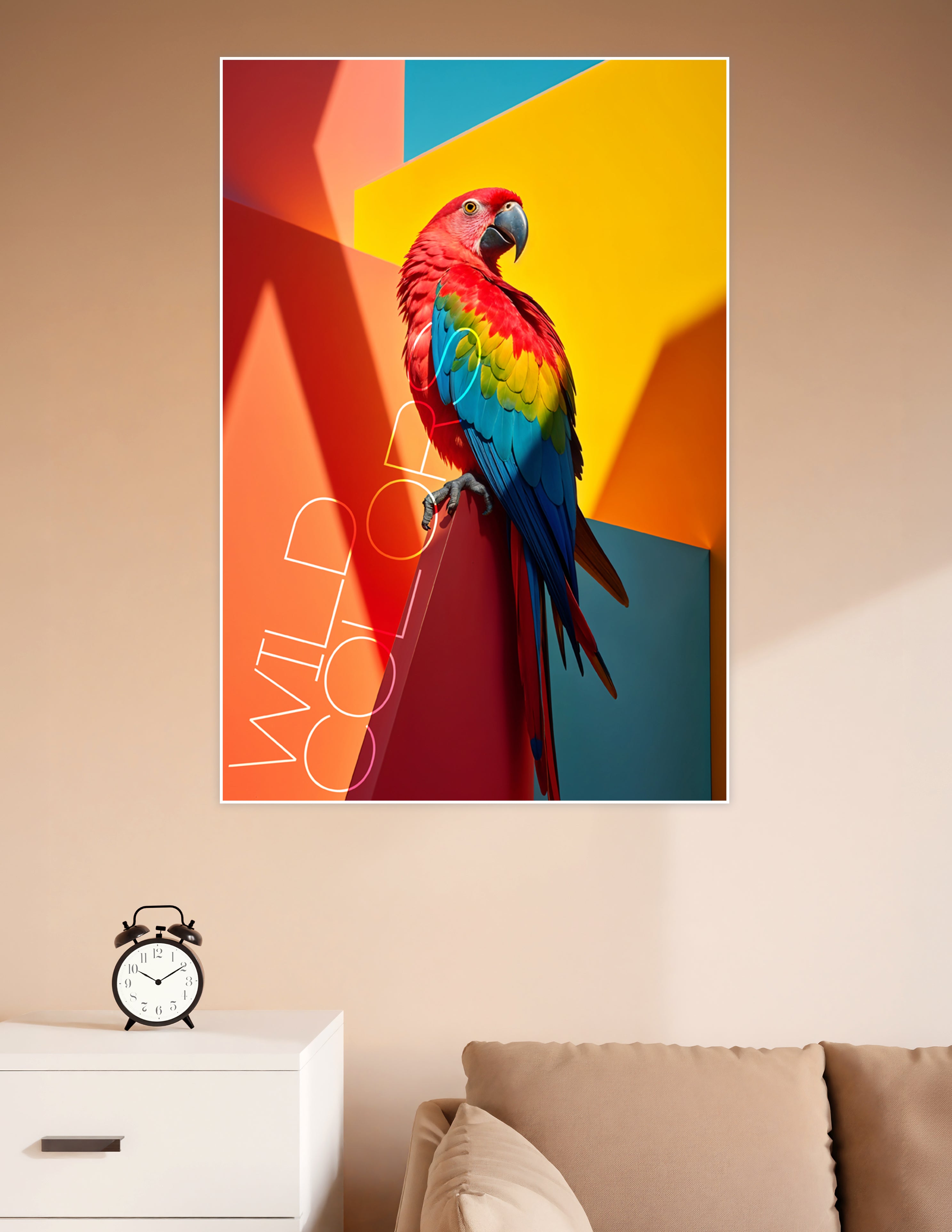 Scarlet macaw parrot perched on a geometric colorful background with red, yellow, blue and teal panels, Wild Color poster print
