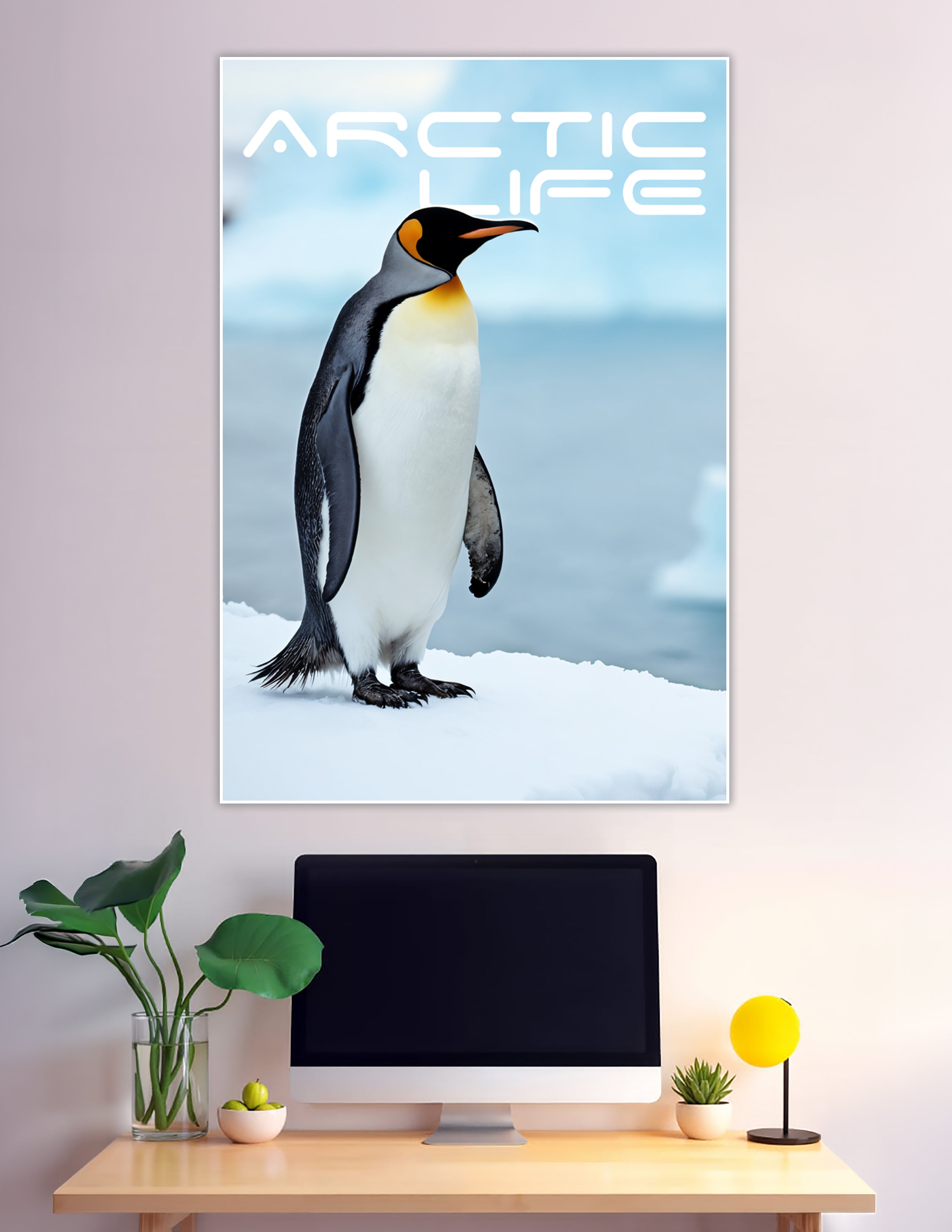 Emperor penguin standing on snow with icy blue background