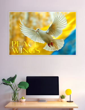White dove in full flight with wings spread wide against a blue and yellow Ukrainian flag background with the text Peace Wings