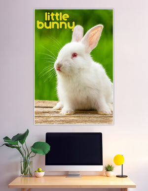 Cute white baby rabbit on rustic wood green background