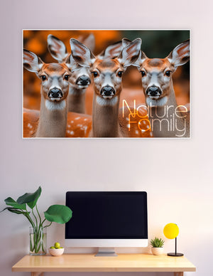 Close-up portrait of three curious deer with warm amber autumn background and Nature Family text overlay — premium wildlife wall poster