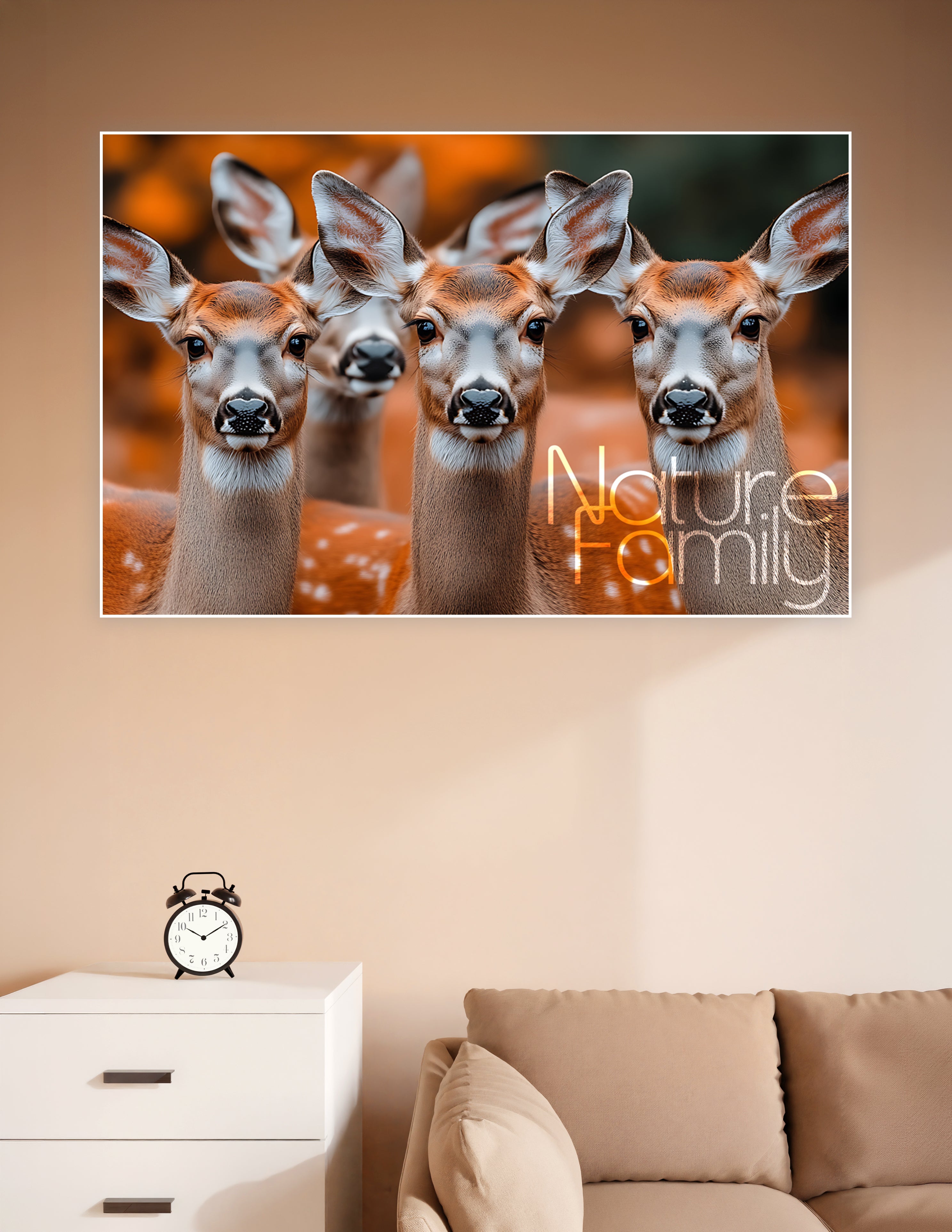 Close-up portrait of three curious deer with warm amber autumn background and Nature Family text overlay — premium wildlife wall poster