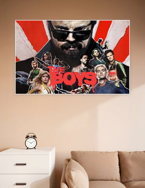 The Boys Amazon Prime TV series cast poster featuring all main characters on a bold red and white sunburst background with the show title in red graffiti lettering