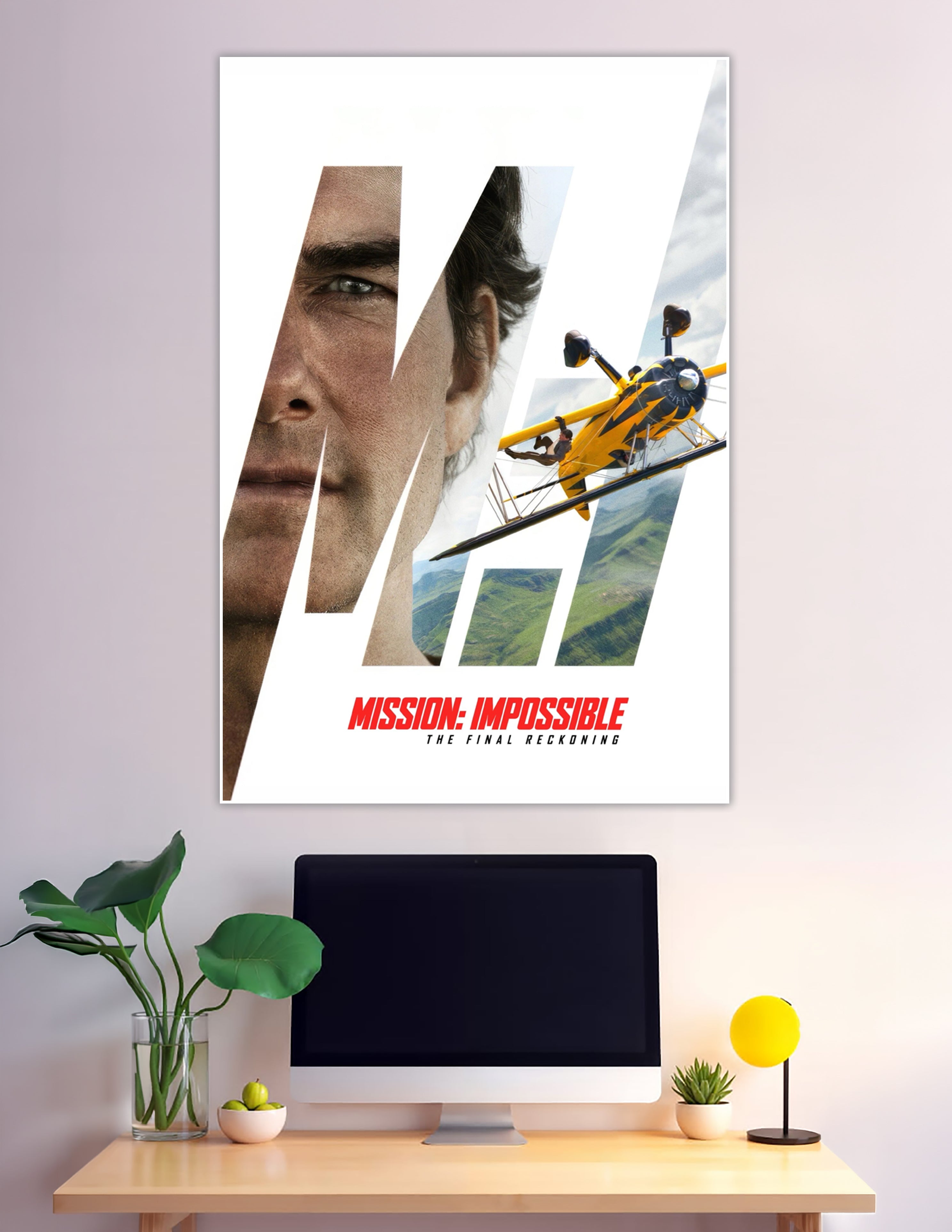 Mission: Impossible – The Final Reckoning official movie poster featuring dramatic MI logo, intense close-up faces, and a yellow biplane stunt over green mountains