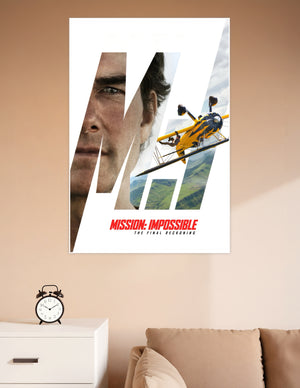 Mission: Impossible – The Final Reckoning official movie poster featuring dramatic MI logo, intense close-up faces, and a yellow biplane stunt over green mountains
