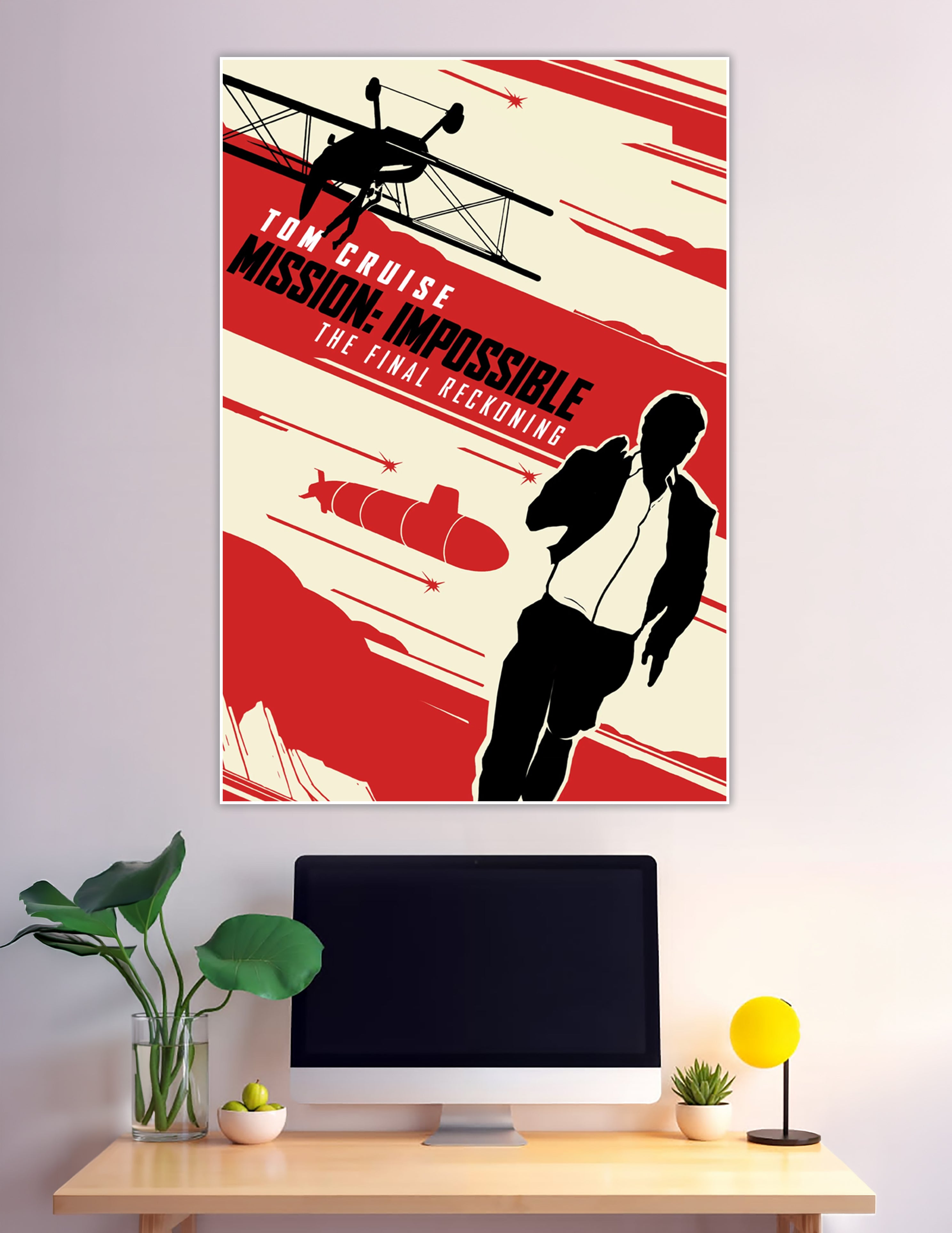 Retro-style Mission Impossible The Final Reckoning movie poster featuring Tom Cruise silhouette, biplane, and submarine in red black and cream graphic art