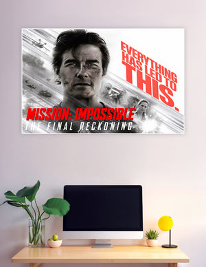 Mission: Impossible – The Final Reckoning movie poster featuring a dramatic monochrome close-up with bold red text reading 'Everything Has Led To This'