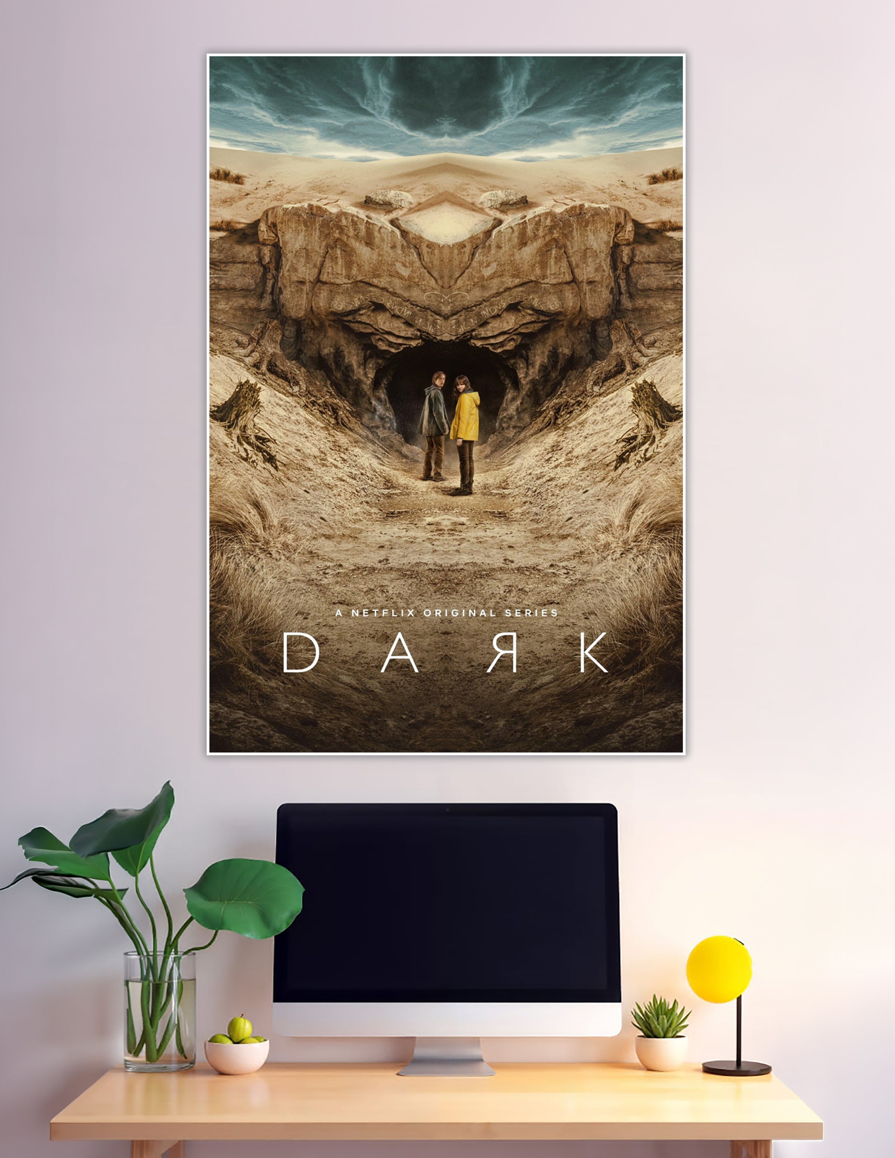 Two figures in a yellow and grey jacket standing before a mysterious mirrored cave entrance in the Netflix original series Dark poster