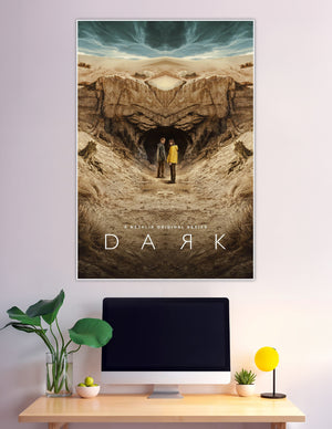 Two figures in a yellow and grey jacket standing before a mysterious mirrored cave entrance in the Netflix original series Dark poster