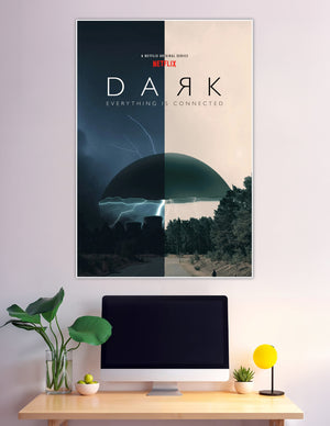 Dark Netflix original series poster with split night and day design, lightning bolts, Winden nuclear plant, and the tagline Everything Is Connected