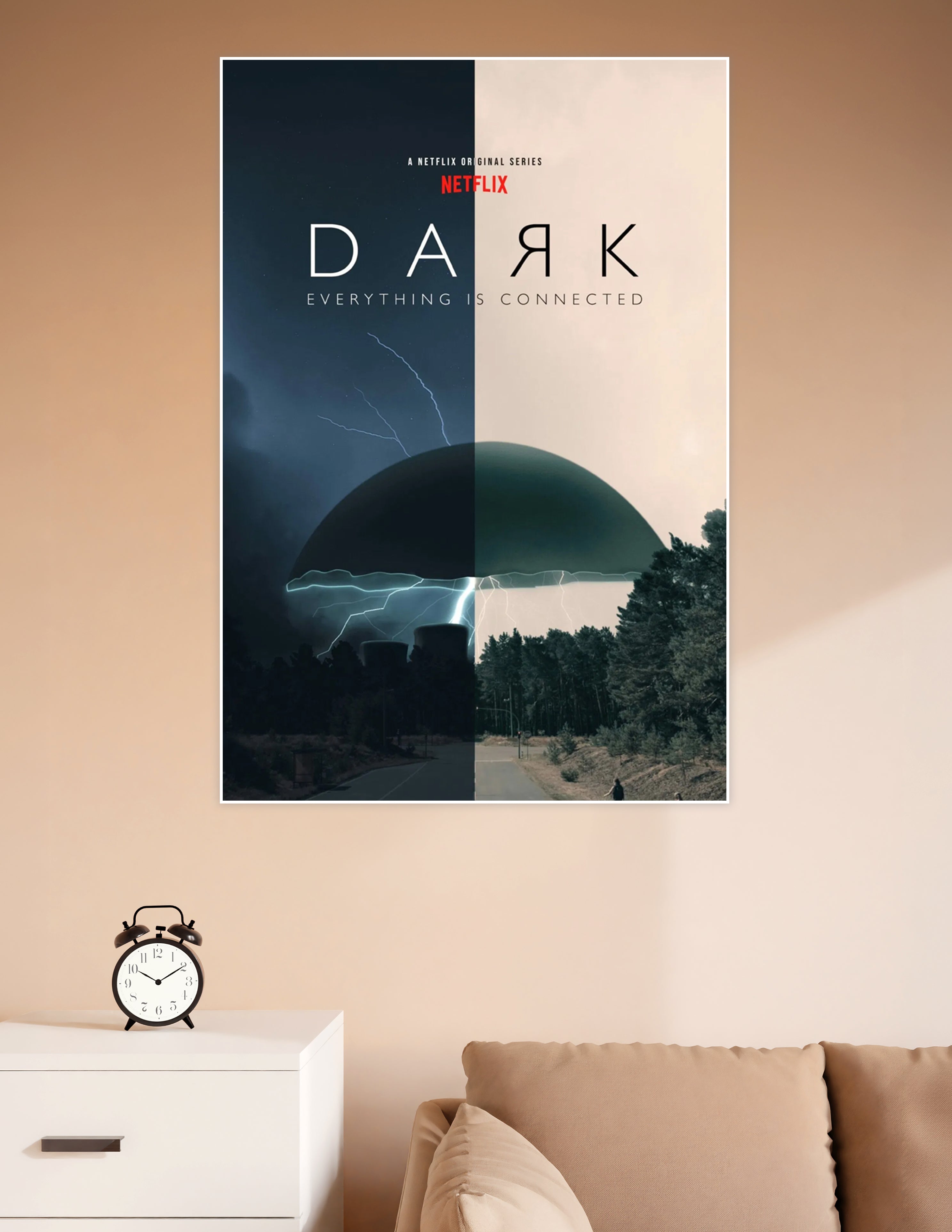 Dark Netflix original series poster with split night and day design, lightning bolts, Winden nuclear plant, and the tagline Everything Is Connected
