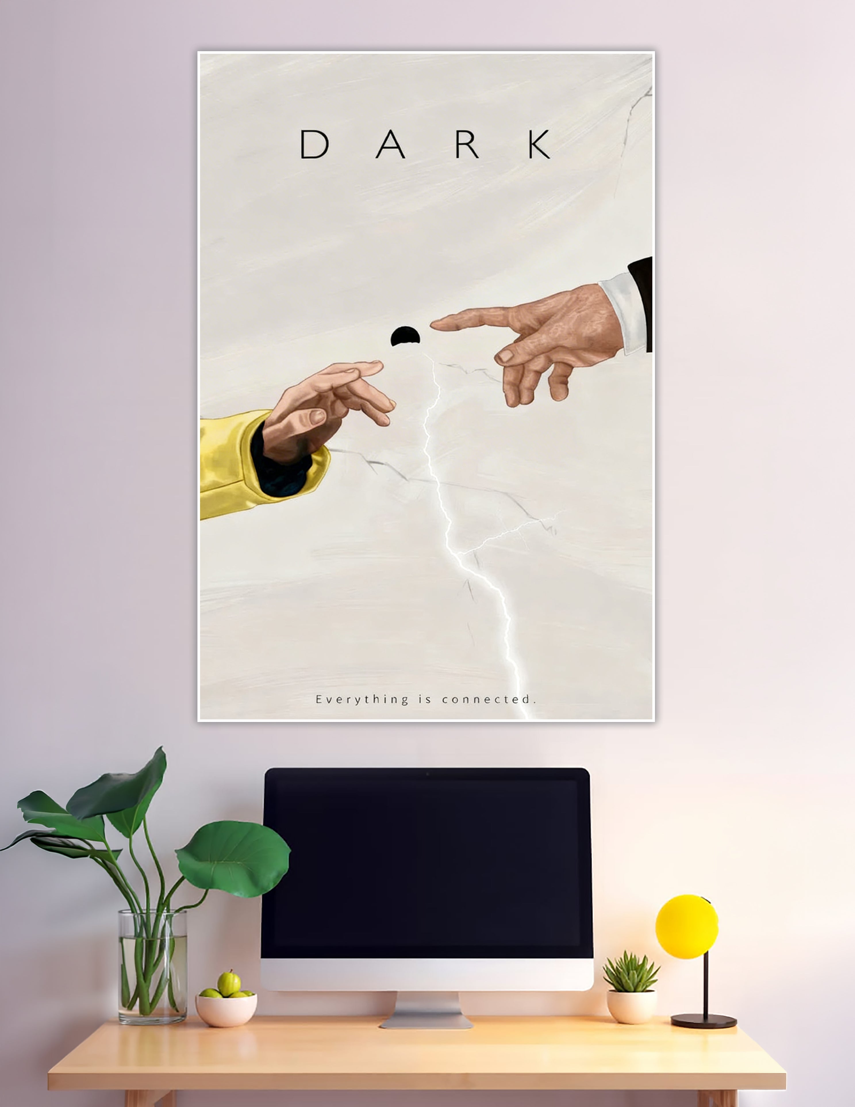 Dark Netflix series fan art poster showing two hands reaching toward a black orb with lightning cracks, inspired by Michelangelo's Creation of Adam, with the tagline Everything Is Connected
