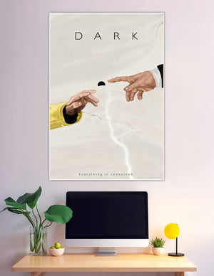Dark Netflix series fan art poster showing two hands reaching toward a black orb with lightning cracks, inspired by Michelangelo's Creation of Adam, with the tagline Everything Is Connected