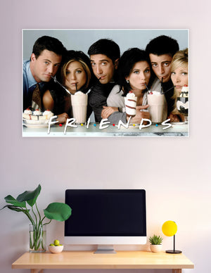 Friends TV show promotional poster featuring all six cast members sipping milkshakes with the Friends logo displayed at the bottom