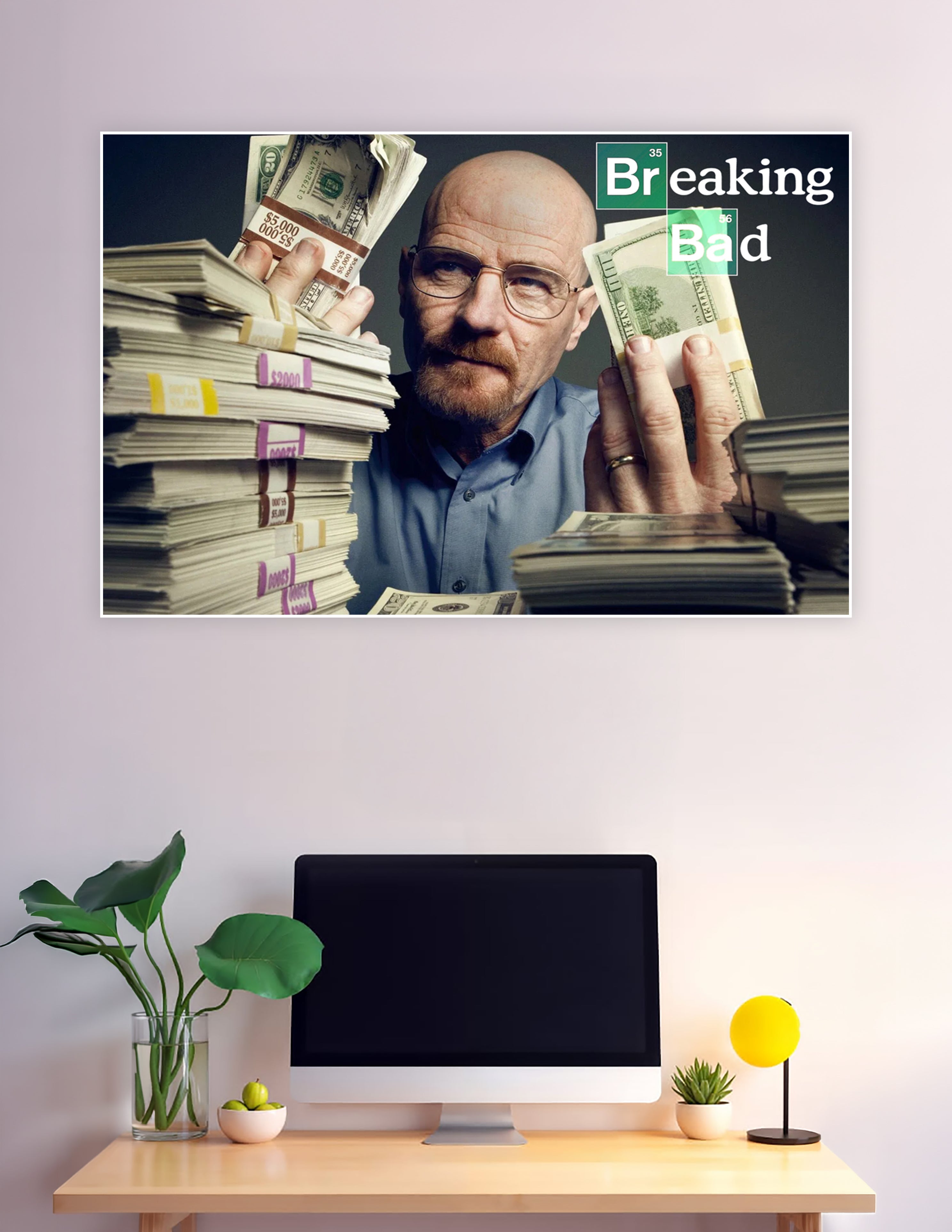 Breaking Bad poster of Walter White holding cash surrounded by stacks of bundled money with the Breaking Bad logo