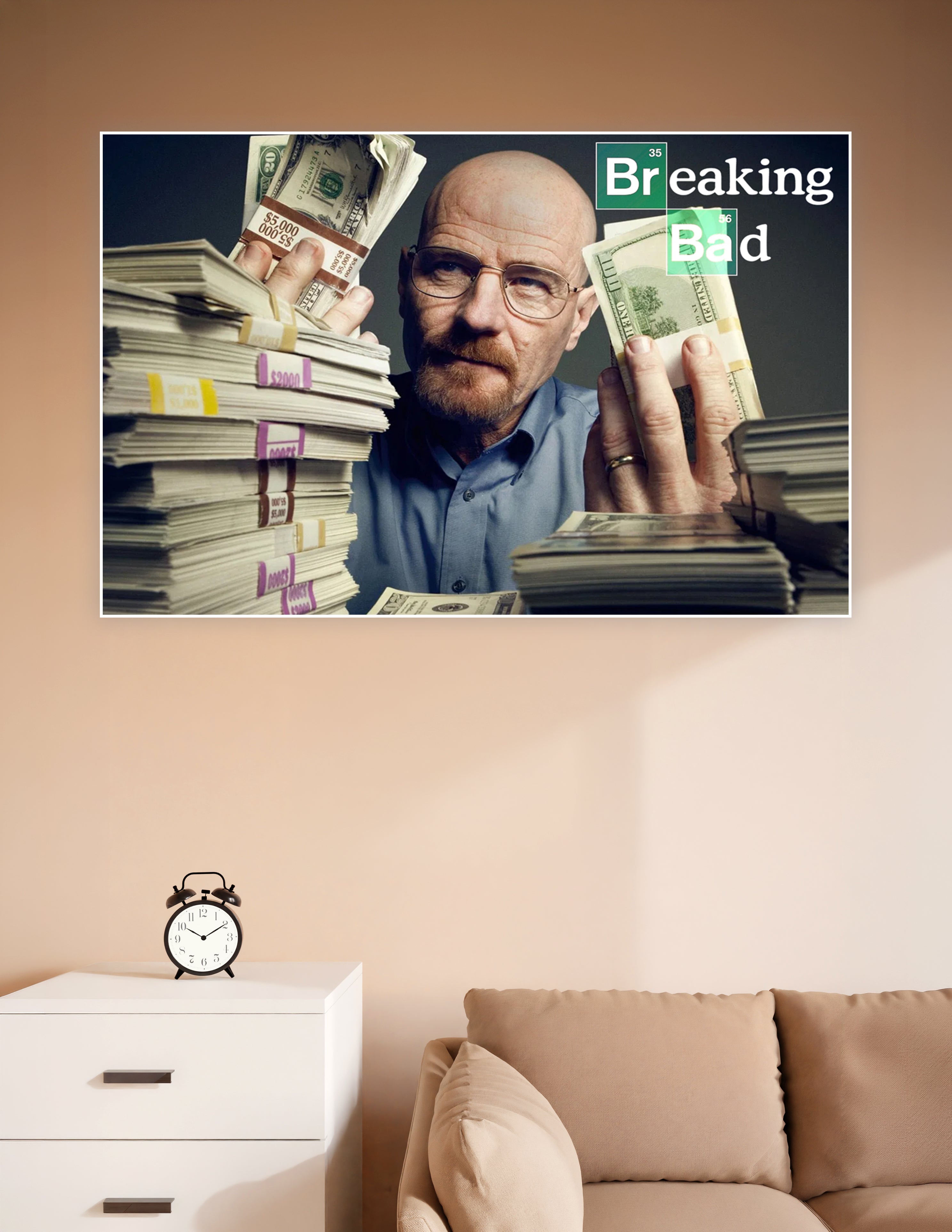Breaking Bad poster of Walter White holding cash surrounded by stacks of bundled money with the Breaking Bad logo