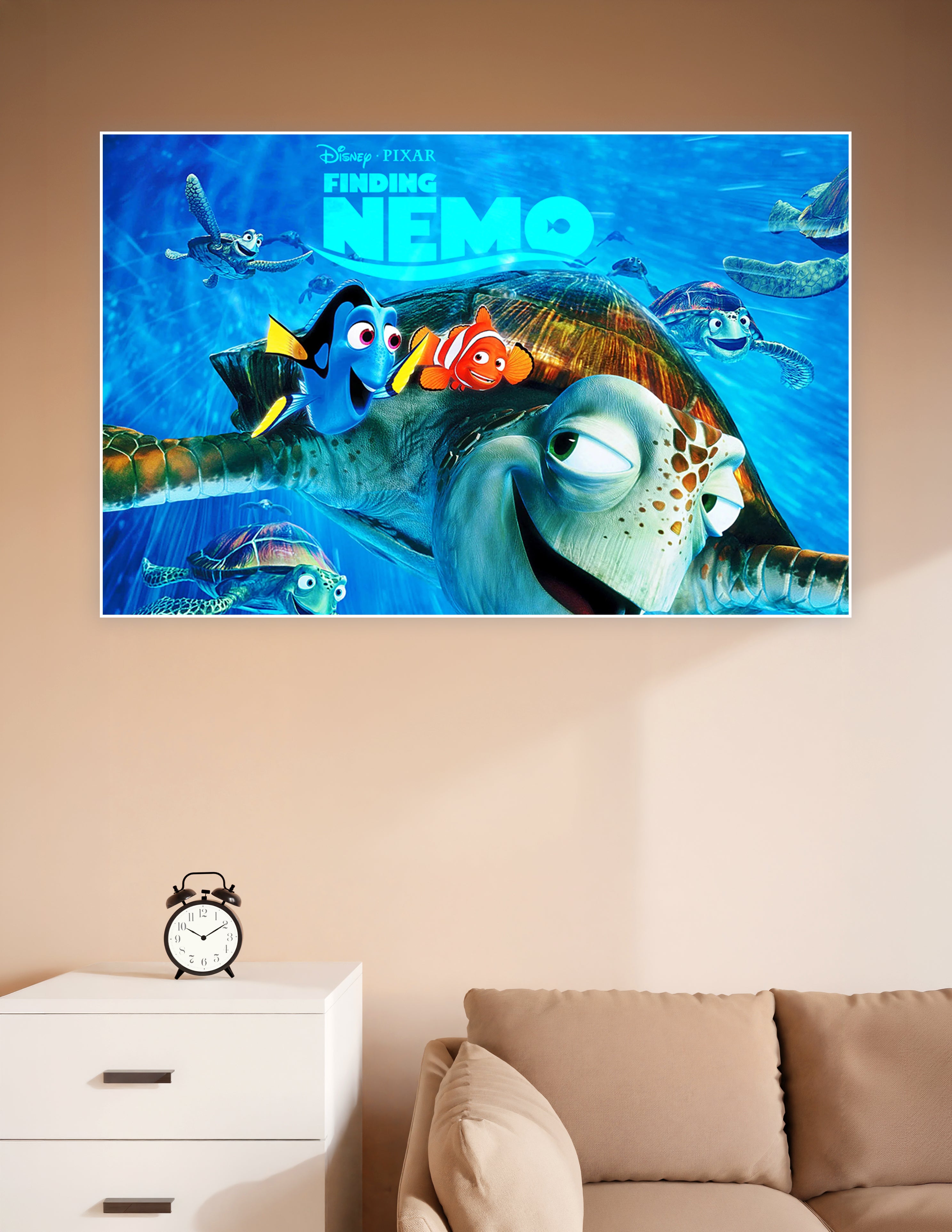 Finding Nemo Disney Pixar animated movie poster featuring Nemo, Dory, and Crush the sea turtle surrounded by ocean turtles on a vivid blue underwater background