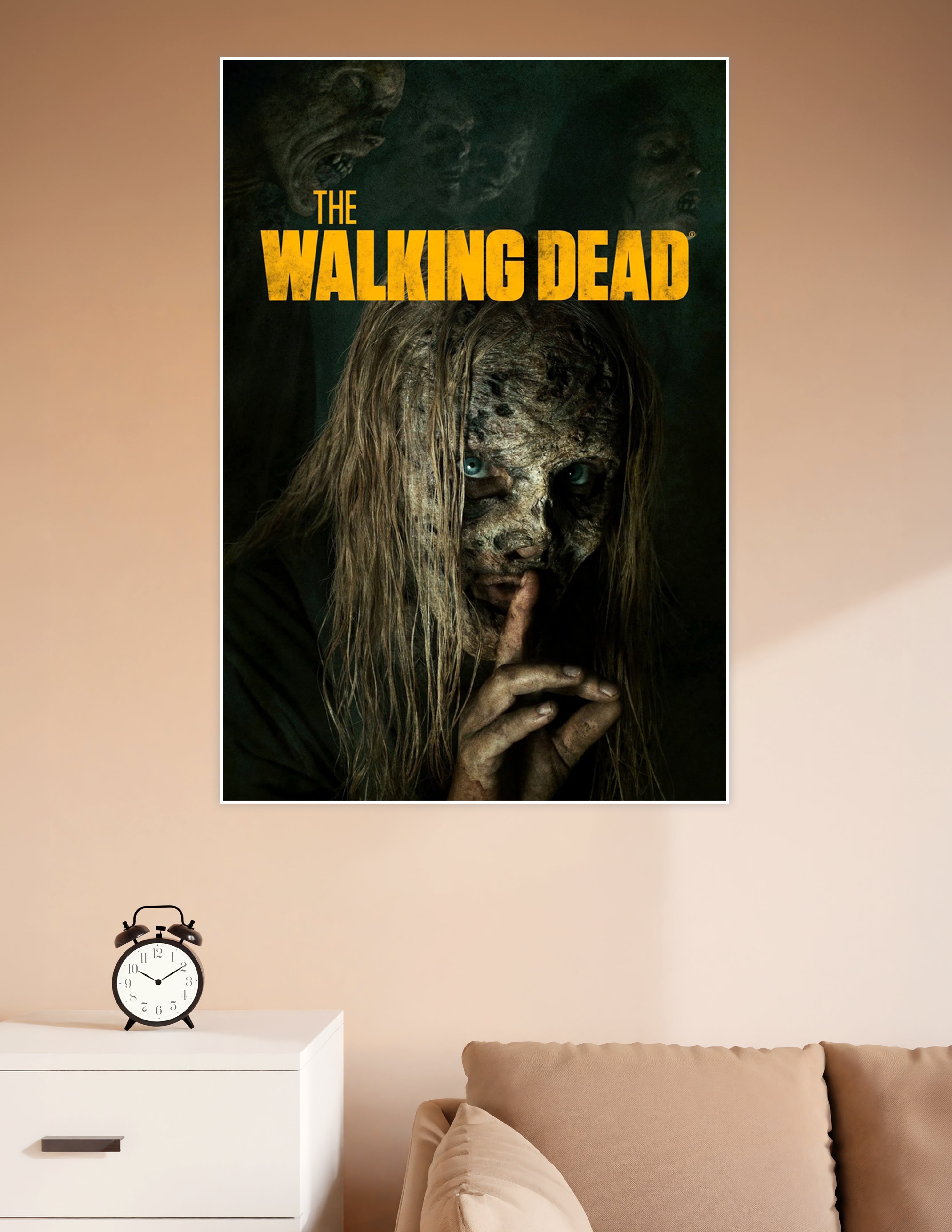The Walking Dead poster featuring Alpha wearing a decayed walker mask with piercing blue eyes and long tangled hair against a dark shadowy background