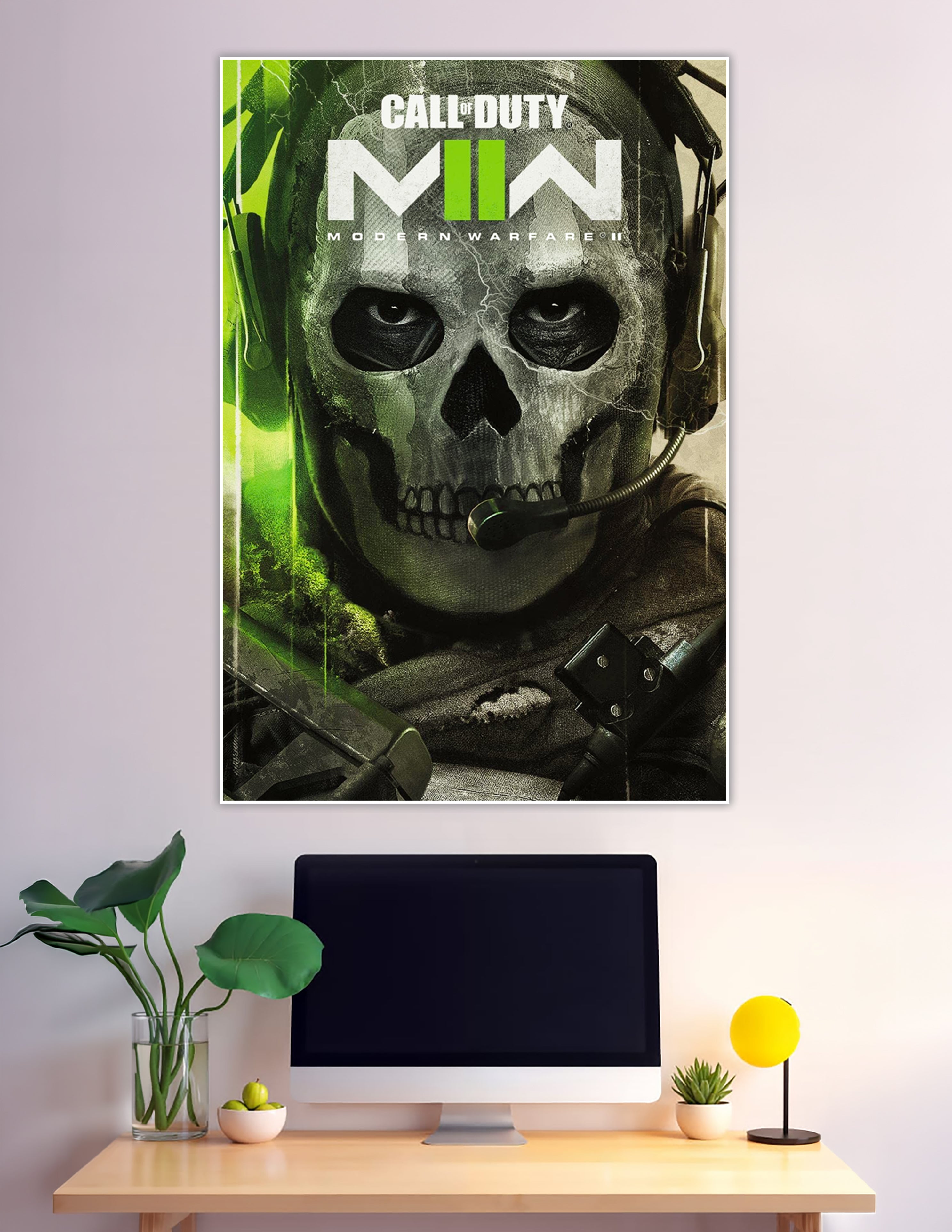 Call of Duty Modern Warfare II official poster featuring Ghost operator wearing a skull balaclava with green and black tactical design