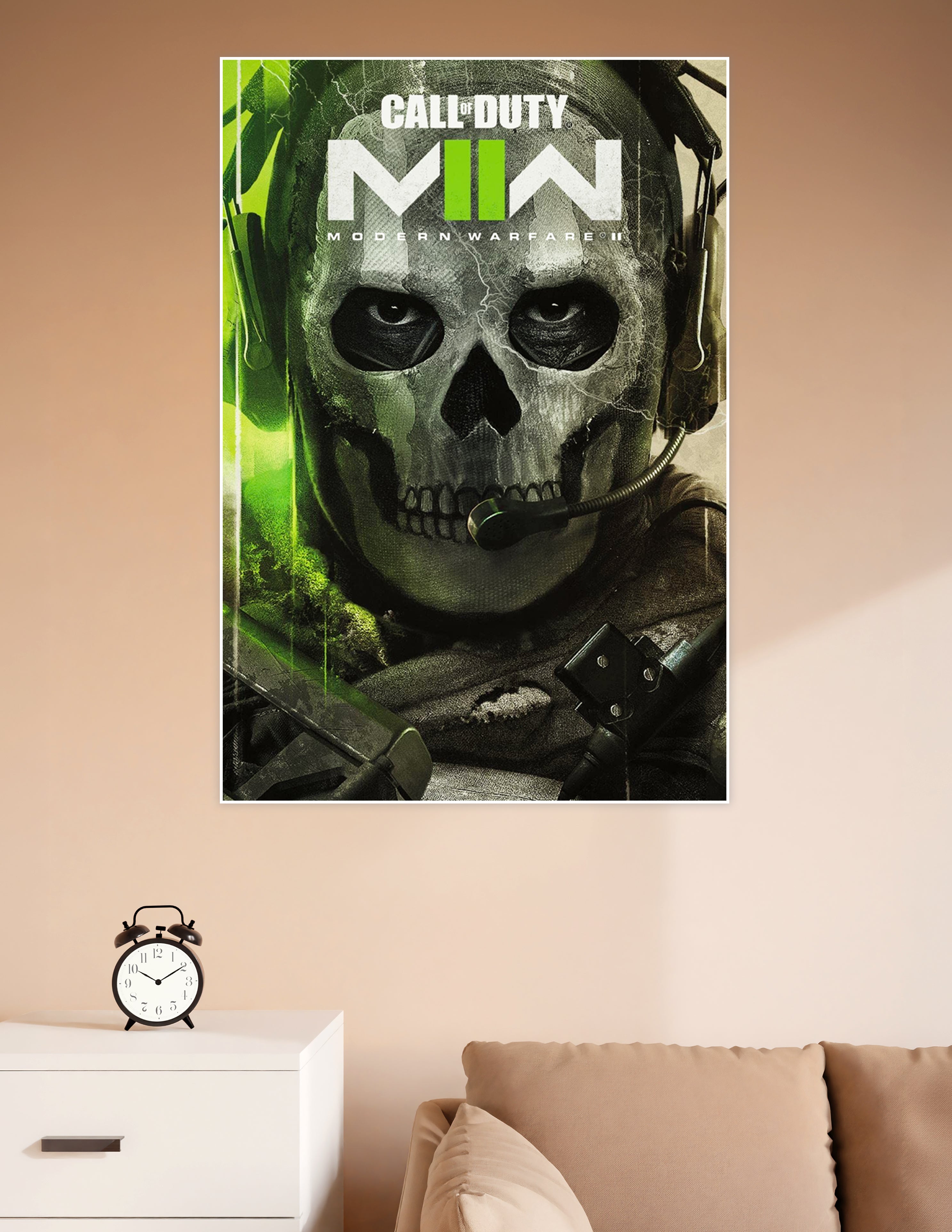 Call of Duty Modern Warfare II official poster featuring Ghost operator wearing a skull balaclava with green and black tactical design