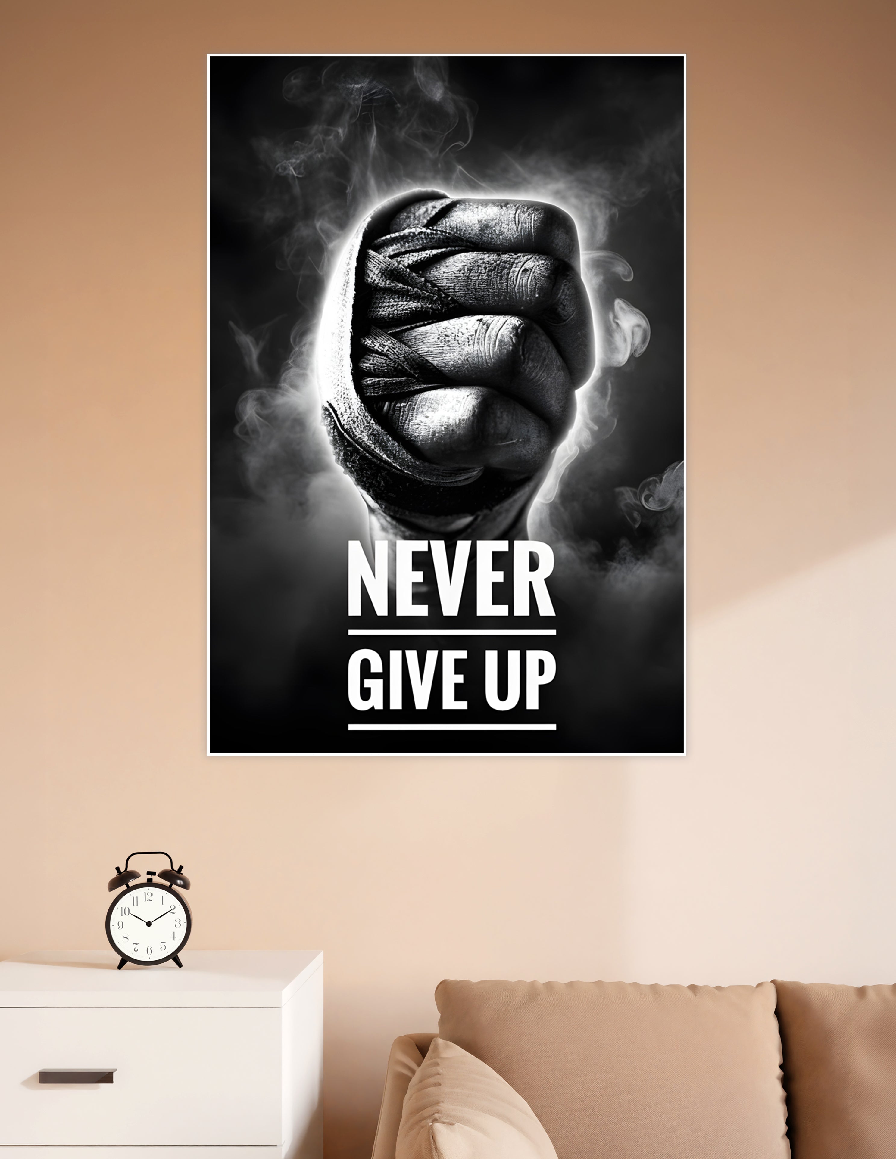 Black and white motivational poster of a wrapped boxer's fist rising through smoke with bold 'Never Give Up' text