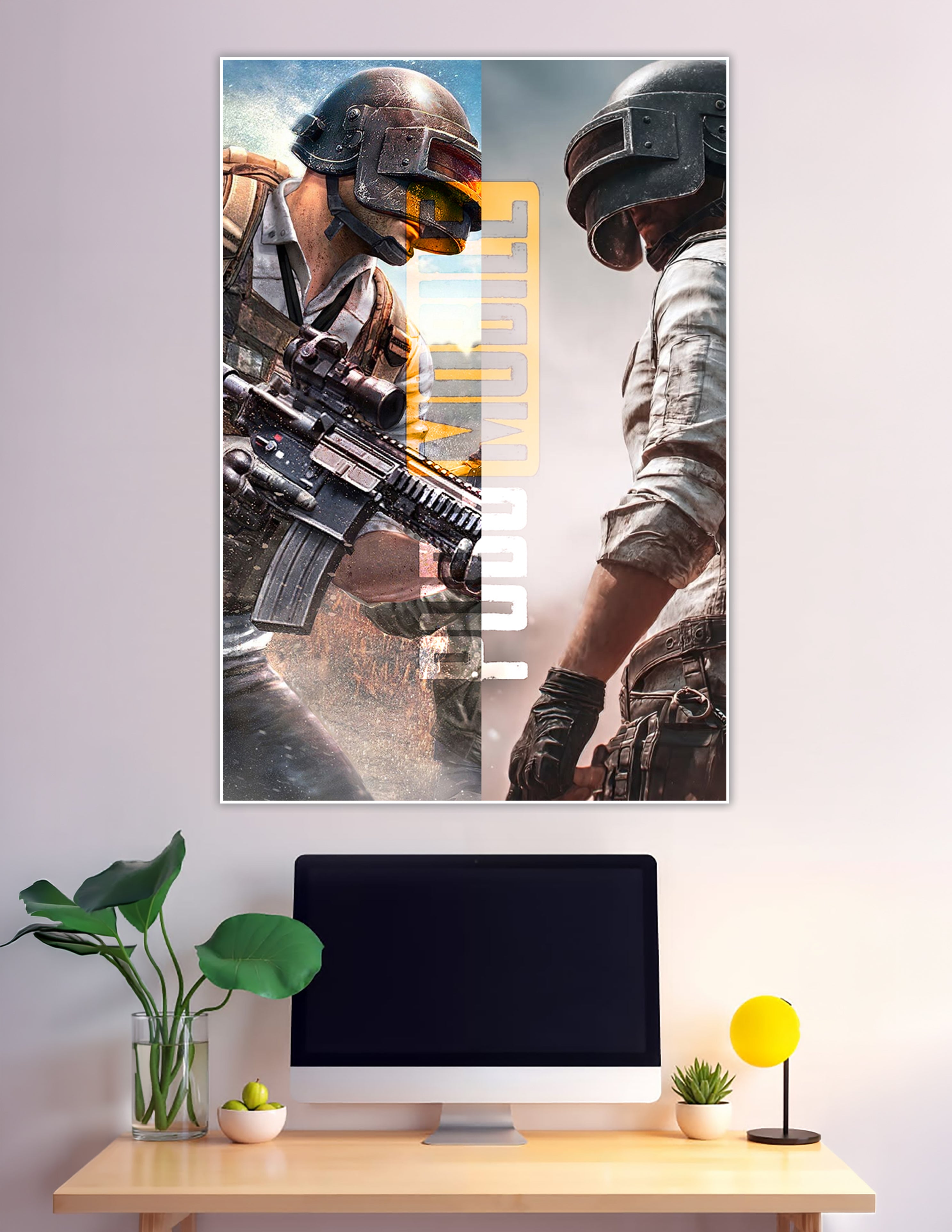 PUBG Mobile split-panel poster two armed soldiers facing off