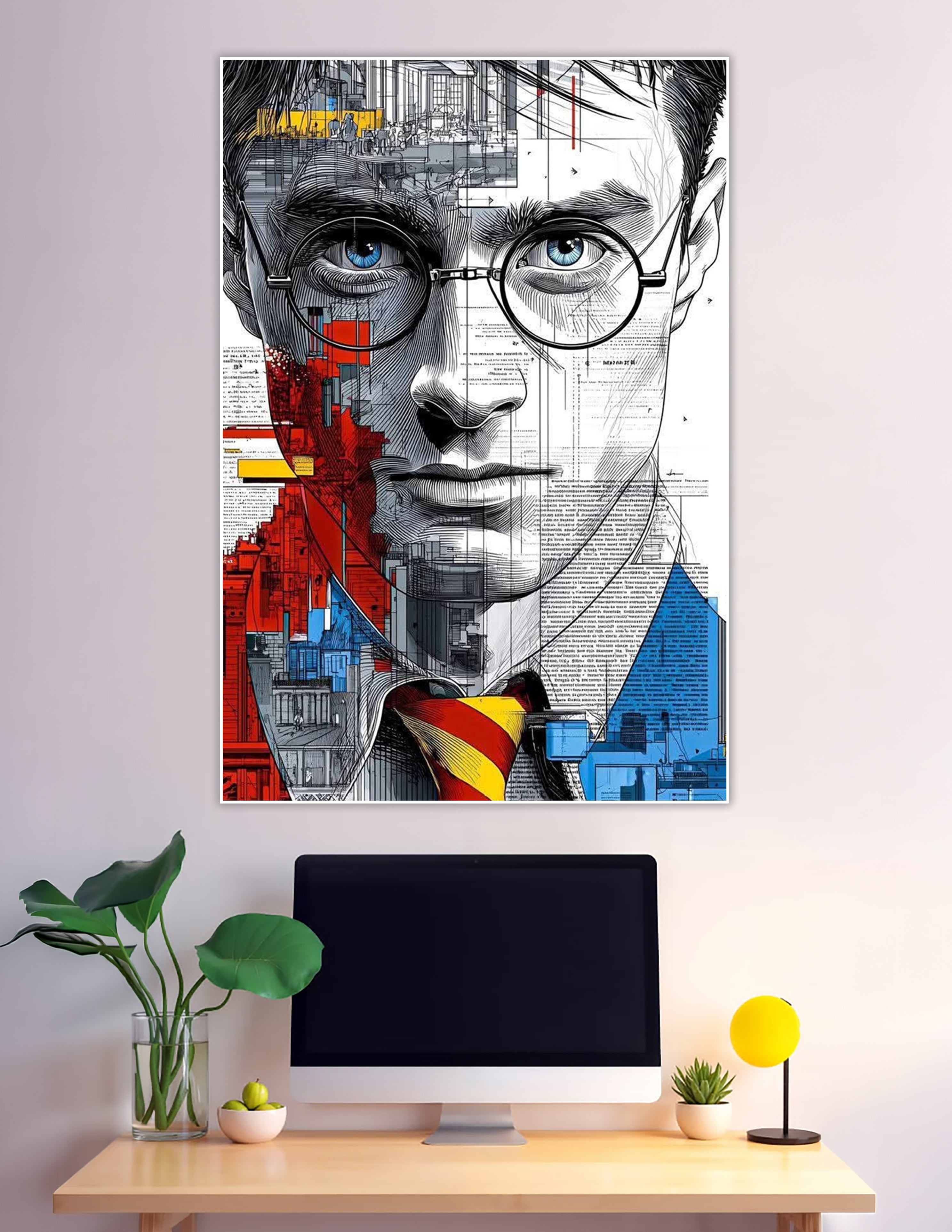 Mixed-media illustrated portrait poster of a man with round glasses, overlaid with architectural blueprints, red and blue urban cityscapes, and newspaper text collage elements