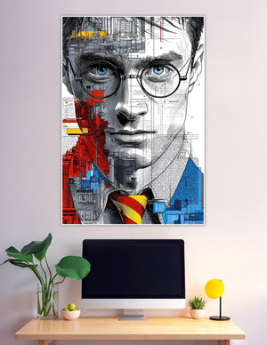 Mixed-media illustrated portrait poster of a man with round glasses, overlaid with architectural blueprints, red and blue urban cityscapes, and newspaper text collage elements