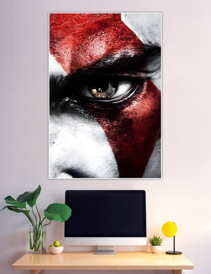 Extreme close-up of Kratos eye with red and white war paint from God of War on a premium matte poster print