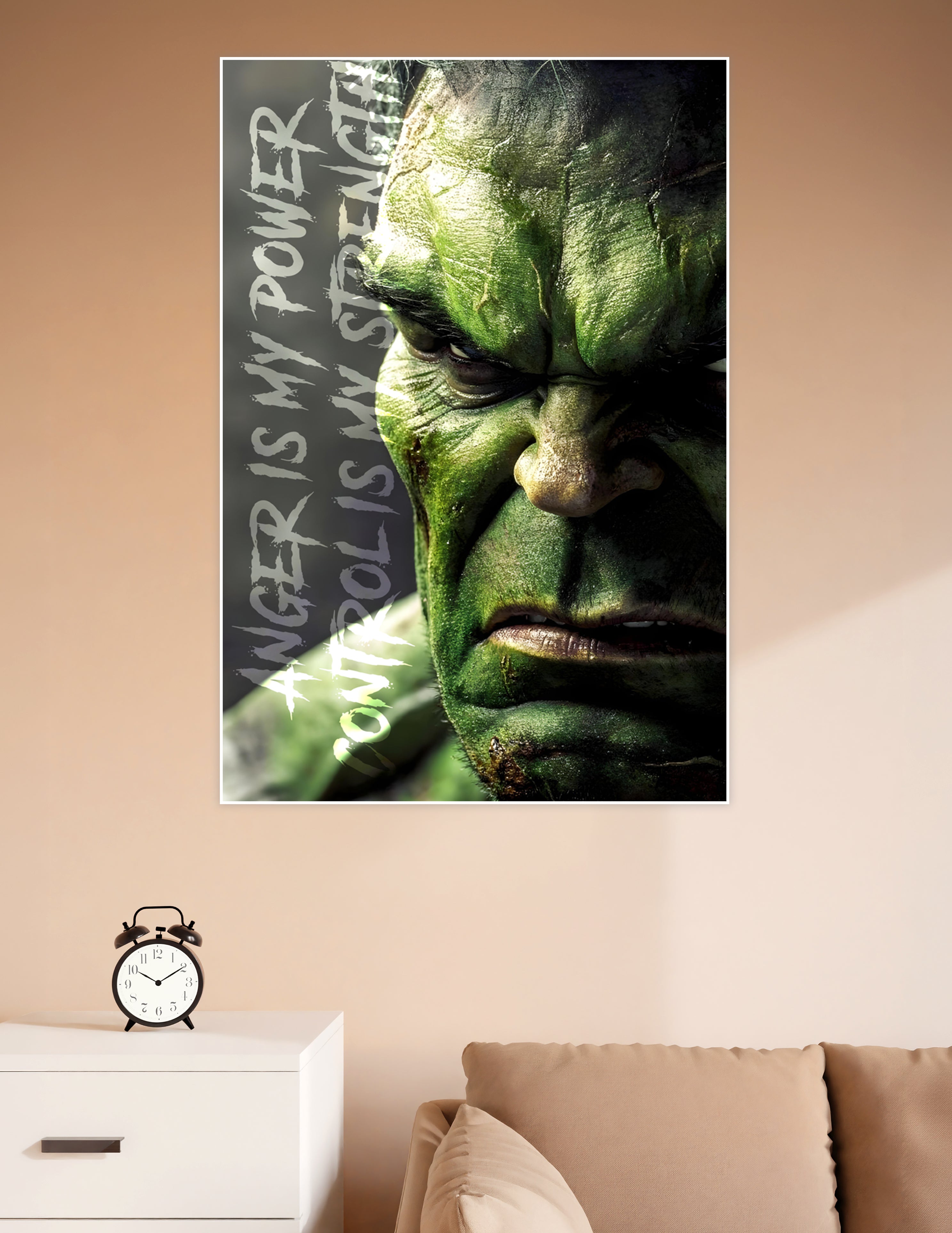 Close-up Hulk face poster with motivational quote 'Anger Is My Power, Control Is My Strength' in distressed white text on dark background