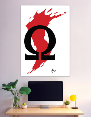 Black Omega symbol with red fire graphic poster