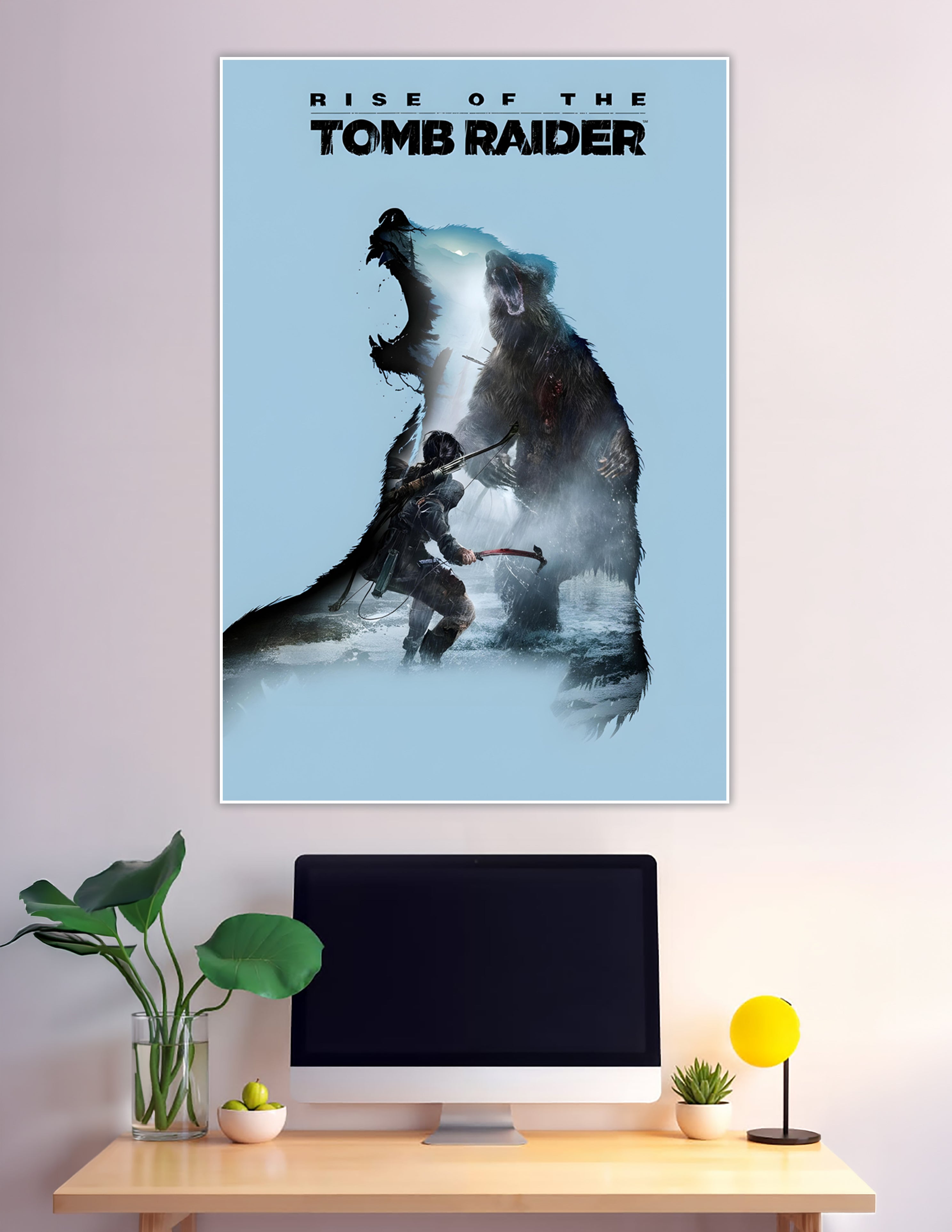 Rise of the Tomb Raider poster showing Lara Croft drawing a bow against a massive roaring bear in a snowy double-exposure composition