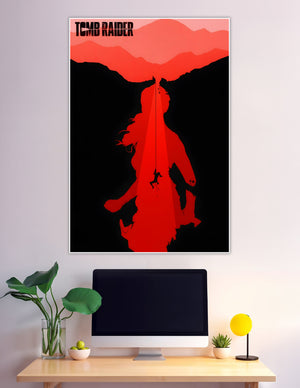 Minimalist Tomb Raider poster showing Lara Croft's red silhouette with a figure rappelling down a rope against a dramatic crimson mountain landscape