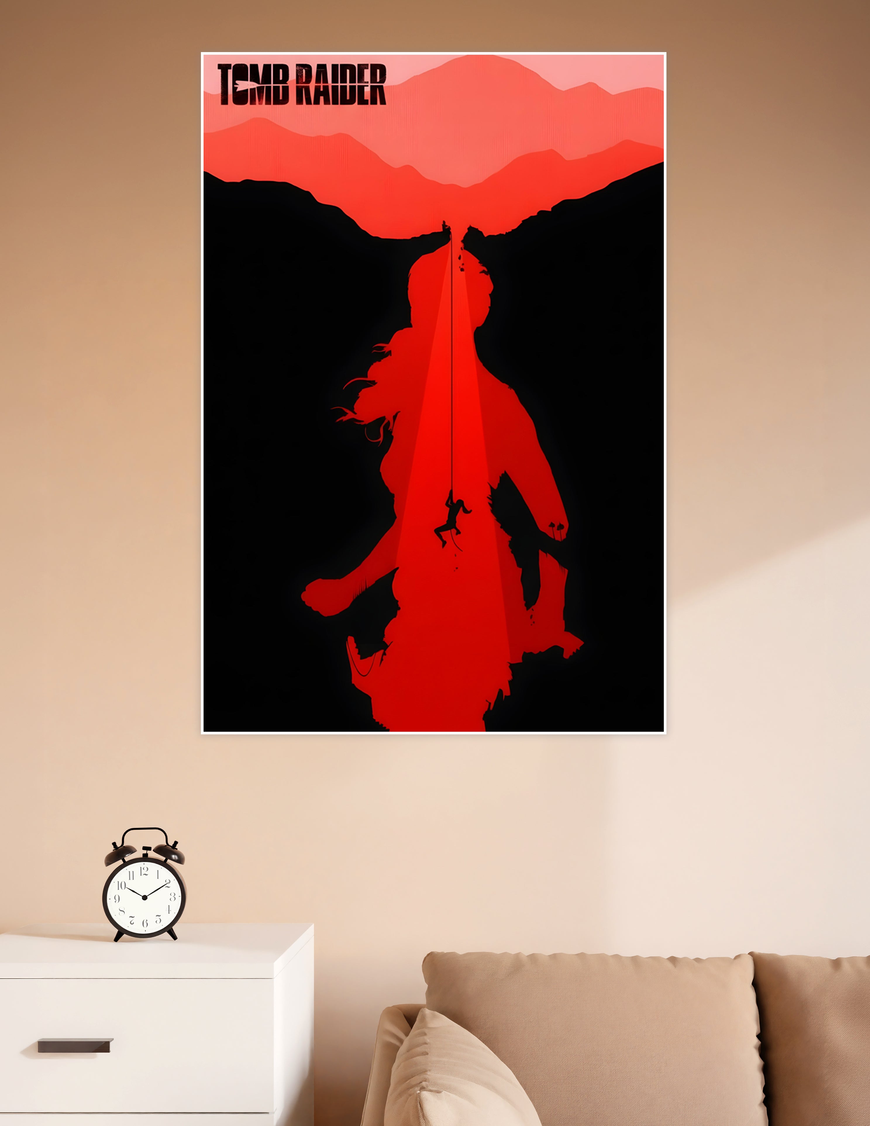 Minimalist Tomb Raider poster showing Lara Croft's red silhouette with a figure rappelling down a rope against a dramatic crimson mountain landscape