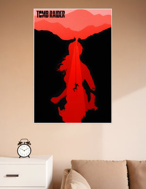 Minimalist Tomb Raider poster showing Lara Croft's red silhouette with a figure rappelling down a rope against a dramatic crimson mountain landscape