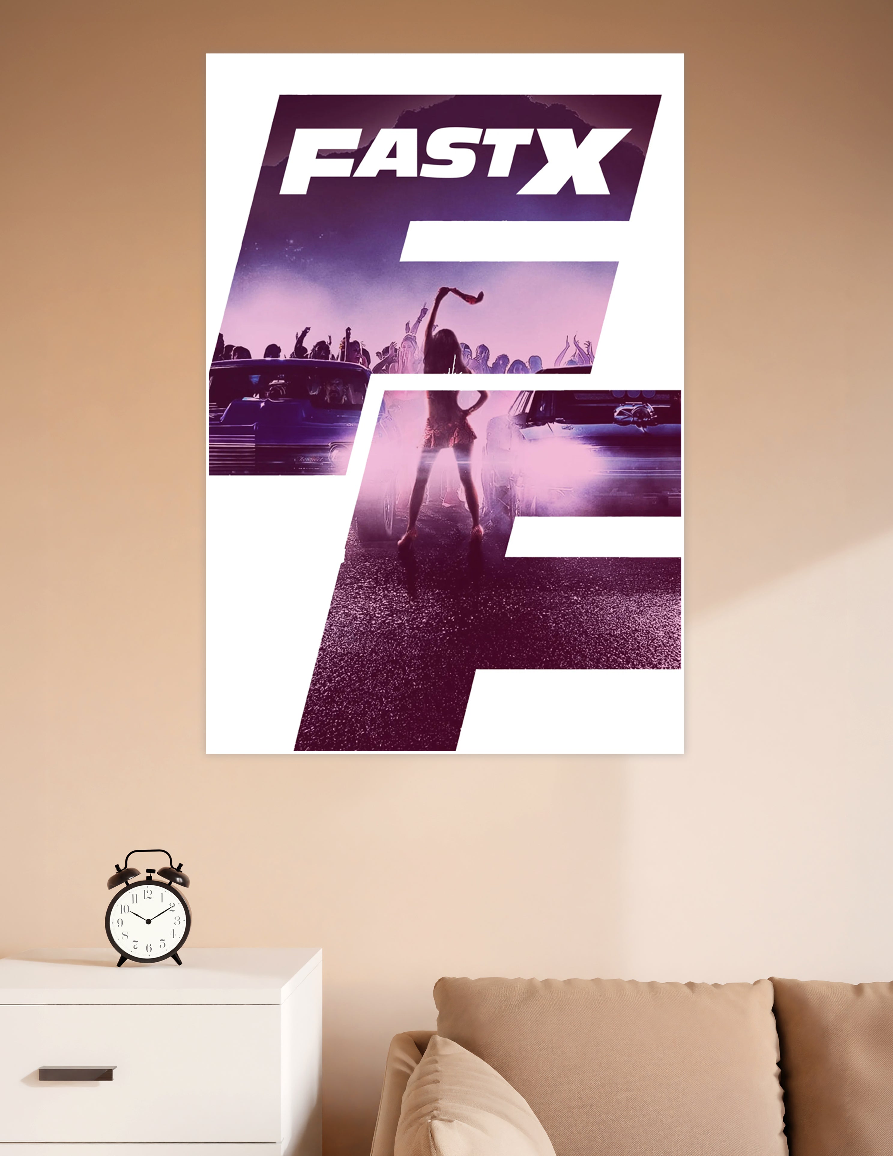 Fast X movie poster with silhouetted figure at a neon purple street racing party scene surrounded by classic cars and a cheering crowd