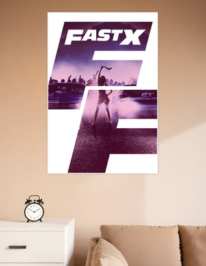 Fast X movie poster with silhouetted figure at a neon purple street racing party scene surrounded by classic cars and a cheering crowd