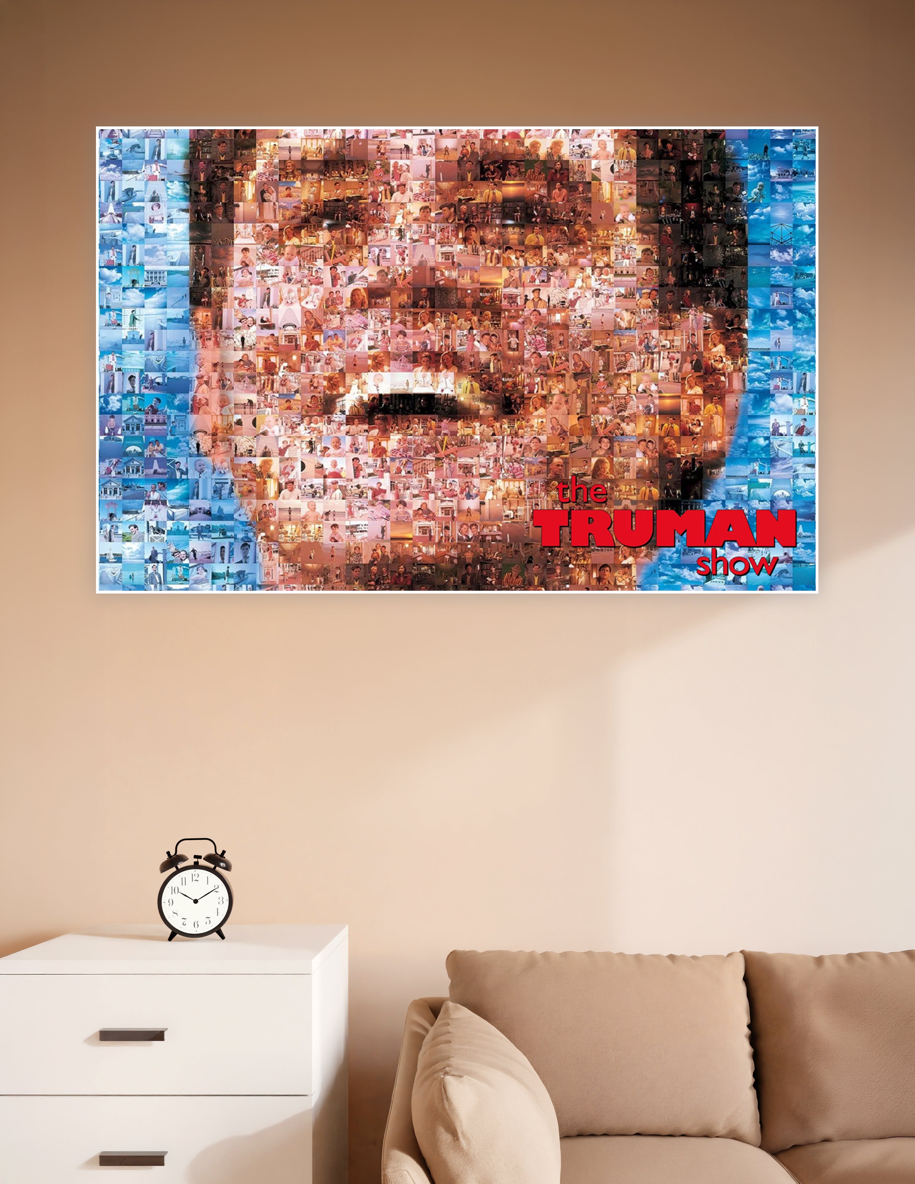 The Truman Show movie poster featuring a photo mosaic of hundreds of film stills forming the face of Truman Burbank against a blue sky background