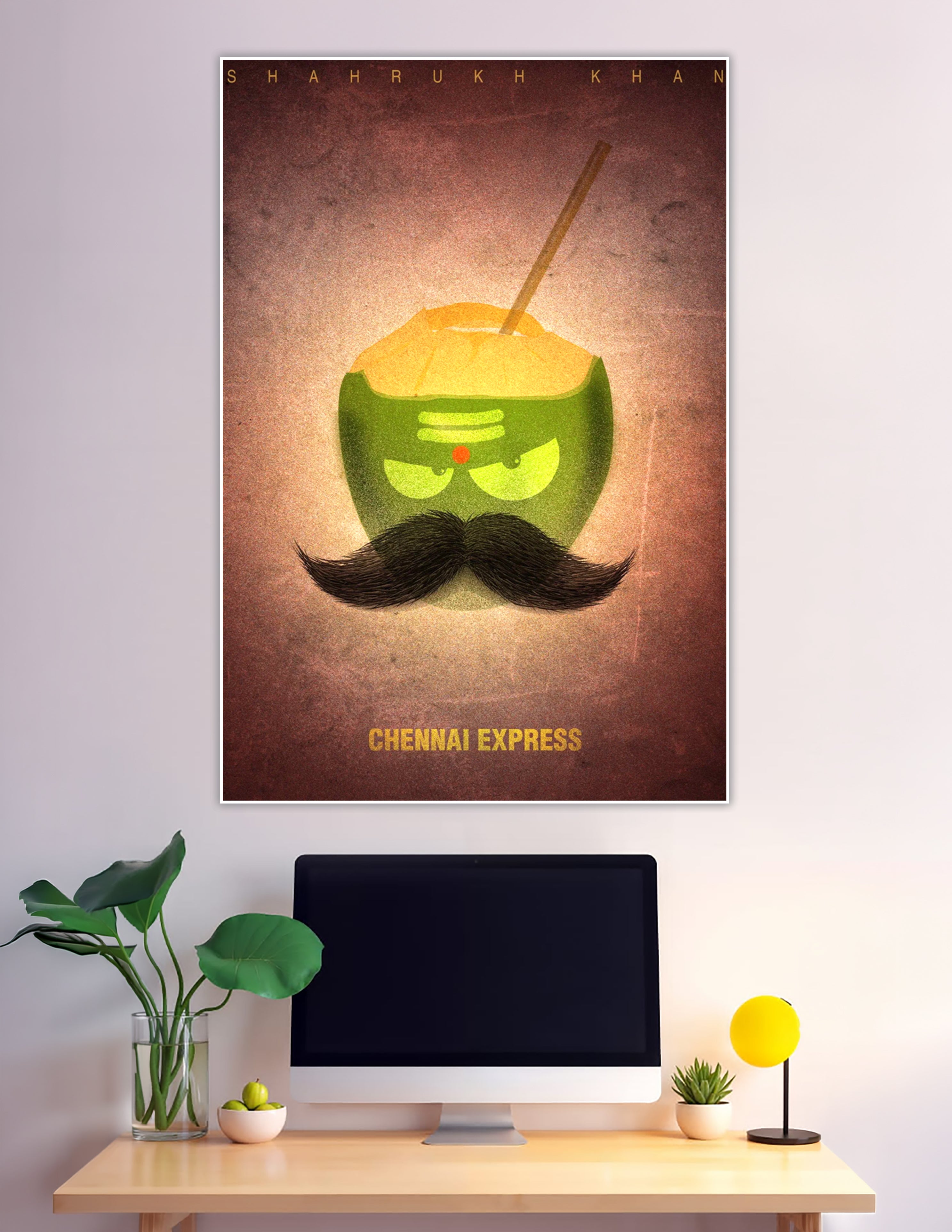 Chennai Express minimalist poster with coconut and mustache