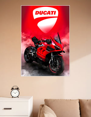 Ducati Panigale V4 red superbike poster with Ducati shield logo on a dramatic smoky red background