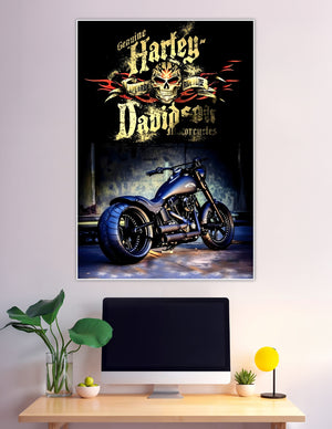 Harley-Davidson Live to Ride Ride to Live skull and flames poster with a custom matte black motorcycle on a dark gritty background