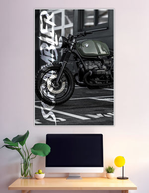 Custom BMW scrambler motorcycle poster in olive green
