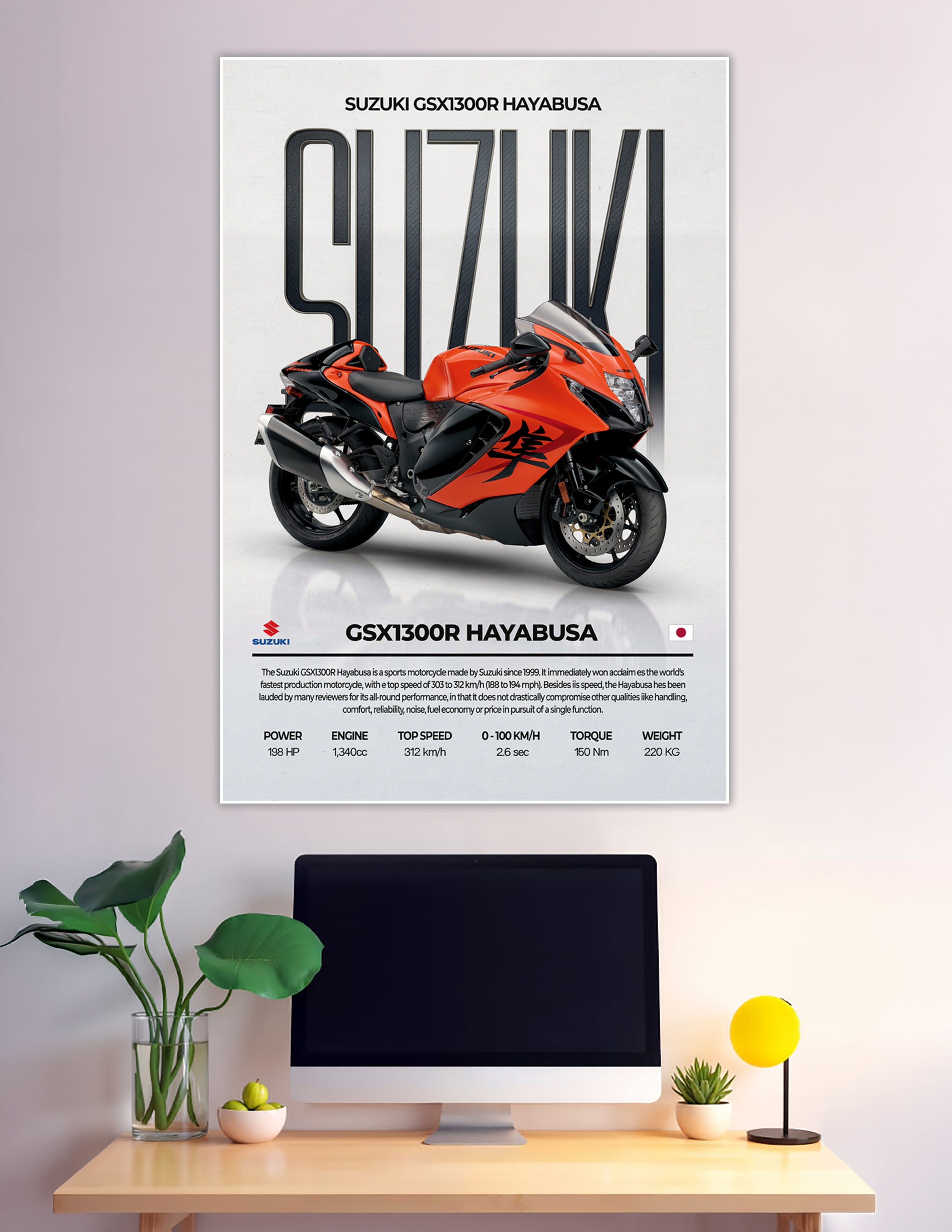 Suzuki GSX1300R Hayabusa superbike poster in orange and black with performance specs including 198 HP, 312 km/h top speed, printed on matte board