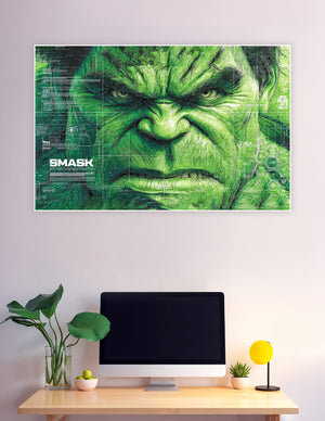 Close-up Hulk face illustration with green tones and futuristic sci-fi HUD blueprint overlay and SMASK text on a premium matte poster